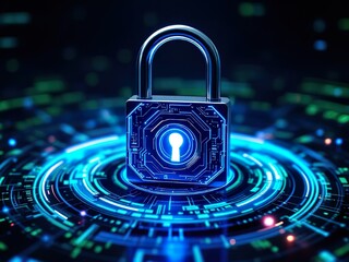 Futuristic Cybersecurity Concept with Glowing Lock and Encrypted Data