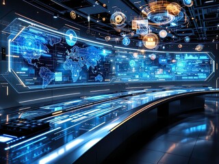 Futuristic Cyber Defense Command Center Illustration