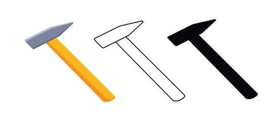 Small hammer tool icon. Colorful line, glyph and filled outline versions, learn to color. Set of icons with different styles