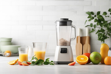 Brightly lit kitchen showcases blender surrounded by sliced citrus fruits and two glasses of fresh juice. Lush greens and kitchenware create vibrant, healthy cooking atmosphere.