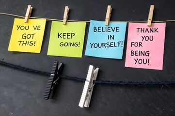 Motivational sticky notes reading "You've Got This!," "Keep Going!," "Believe in Yourself!," and "Thank You for Being You!" hung with clothespins on a rope against a chalkboard background.
