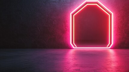 A glowing octagonal neon frame stands against a dark, textured wall, creating a vibrant, modern atmosphere.