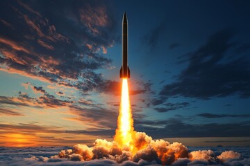 Rocket launches into the twilight sky with a vibrant plume of flames and smoke trailing behind