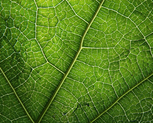 A close-up of a green leaf with complex veins and texture against a background of nature isolation.
