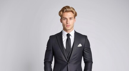 Fototapeta premium Sexy young man in suit. Beauty male model. Handsome blonde Man portrait. Man in suit, attractive businessman, business style. Portrait of a guy in an expensive business suit.