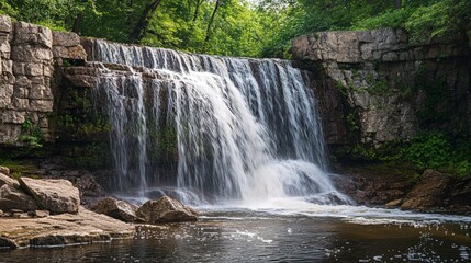 Obraz premium Dynamic Waterfall in Rocky Gorge Surrounded by Lush Greenery