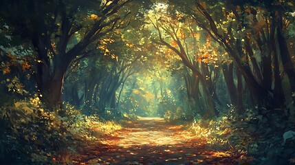 Naklejka premium Sunlight pours through gaps in the thick canopy of a forest, illuminating a path covered with fallen leaves and surrounded by towering trees 