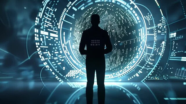 Businessman silhouette stands in futuristic cyberspace, observing a glowing earth amidst digital data and code lines, symbolizing global tech progress