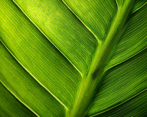 A close-up of a vivid green leaf that displays the light and texture of nature. background with a...