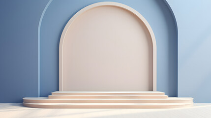 digital arched window and wooden podium e-commerce graphics poster background