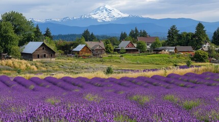 Vibrant Lavender Fields with Snow-Capped Mountains in Background