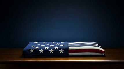 A folded flag on a wooden table with a somber dark blue background representing Memorial Day