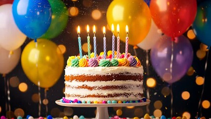 Celebrating a joyful birthday with a colorful cake surrounded by festive balloons and cheerful decorations