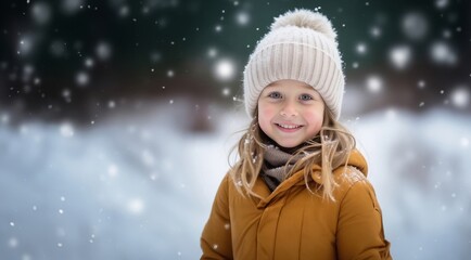 Adorable little girl having fun in beautiful winter park during snowfall. Cute child playing in a snow. Winter activities for kids.