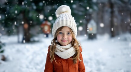Fototapeta premium Winter kids outdoor portrait. Adorable little girl having fun in beautiful winter park during snowfall. Cute child playing in a snow. Winter activities for kids.