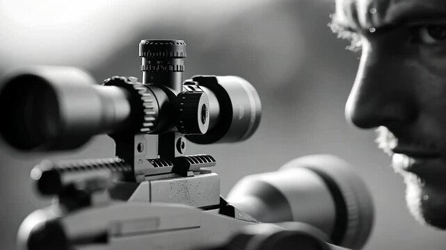 Focused marksman aiming with a rifle scope in an outdoor setting during daylight hours
