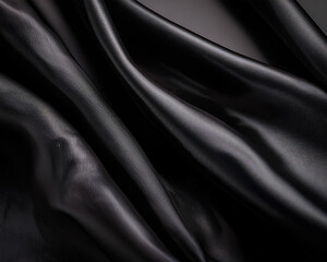A close-up of softly folded and waved black satin fabric&nbsp;and texture