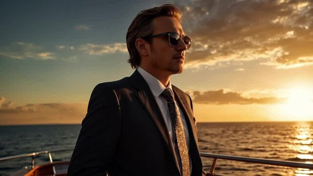 Rich man or businessman in suit and sunglasses standing on a boat or yacht looking into the distance with a beautiful sunset in the background, space for text or inscriptions. 08.