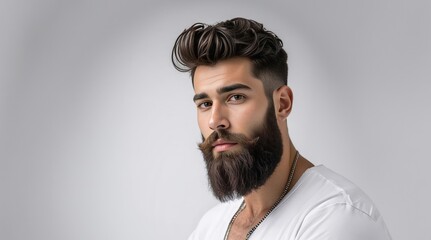 Obraz premium Handsome male model with beard, mustache and trendy hairdo. Beard and mustache haircut. Bearded man. Male beauty.