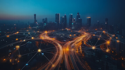 Fototapeta premium Smart digital city with connection cyber security network reciprocity over the cityscape . future smart wireless digital city and social media networking systems that connects people within the city