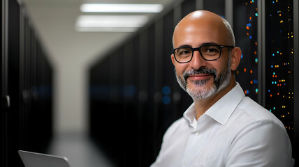 Confident IT professional in a modern server room, symbolizing expertise in technology, data management, and cybersecurity solutions