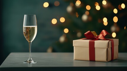 New year celebration with champagne and gift box cozy setting