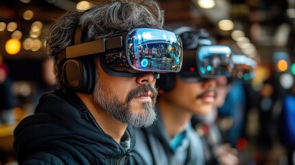Individuals using virtual reality headsets in a social setting.