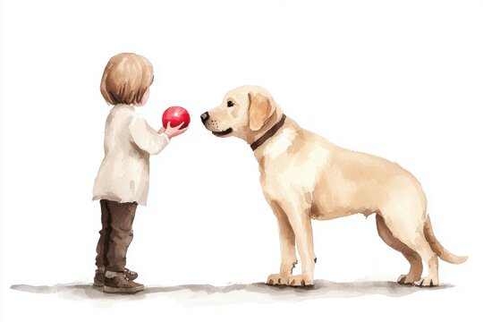 Child playing with yellow labrado park watercolor art bright playful