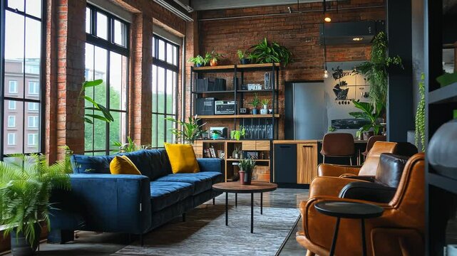 Stylish loft apartment living room with blue sofa, leather armchairs, and abundant plants.