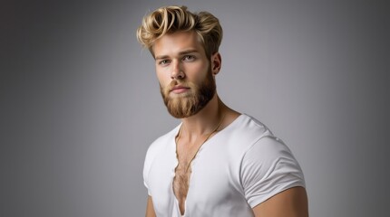 Obraz premium Bearded man with stylish hair and beard. Man with long beard and mustache on serious face. Handsome male model with beard, mustache and trendy hairdo. Beard and mustache haircut.