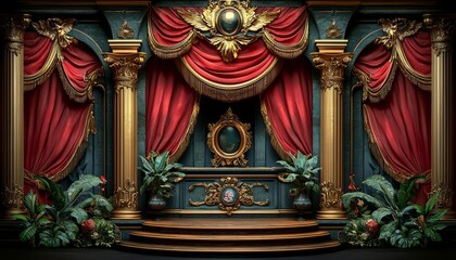 Regal Stage with Gold Columns and Red Curtains