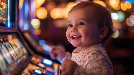 Cute Baby Girl Playing at a Casino Slot Machine, Las Vegas, Nevada, Gambling, Entertainment