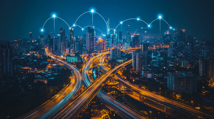 Fototapeta premium Smart digital city with connection cyber security network reciprocity over the cityscape . future smart wireless digital city and social media networking systems that connects people within the city