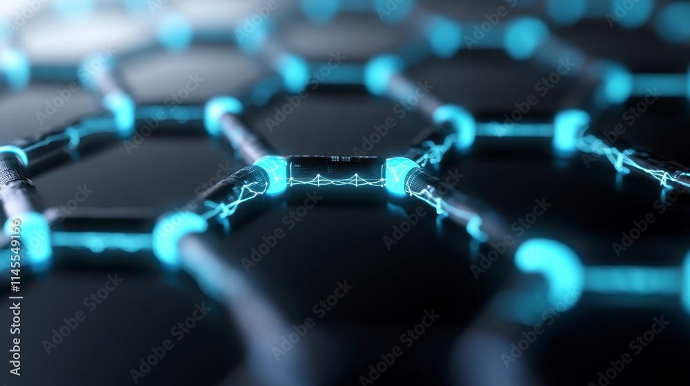Poster a close-up view of a hexagonal structure illuminated in blue, resembling a futuristic network, highl