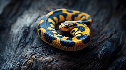 Fototapeta premium Yellow and black snake coiled on dark wood