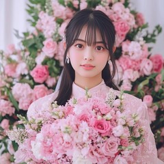 Young Woman in Pink Dress with Pink Flowers Bouquet