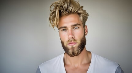 Obraz premium Barber fashion and beauty. Man with long beard and mustache on serious face. Handsome male model with beard, mustache and trendy hairdo. Beard and mustache haircut. Bearded man.