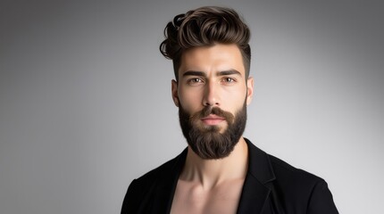 Obraz premium Barber fashion and beauty. Man with long beard and mustache on serious face. Handsome male model with beard, mustache and trendy hairdo. Beard and mustache haircut. Bearded man.