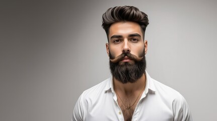 Naklejka premium Barber fashion and beauty. Man with long beard and mustache on serious face. Handsome male model with beard, mustache and trendy hairdo. Beard and mustache haircut. Bearded man.