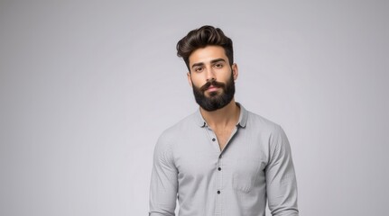 Obraz premium Closeup portrait of bearded man with classic long beard, bearded gay. Handsome male model with beard, mustache and trendy hairdo. Beard and mustache haircut. Bearded man.