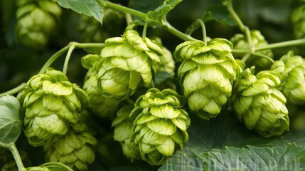 Fototapeta premium Sunlit green hop cones growing on vine nature scene close-up