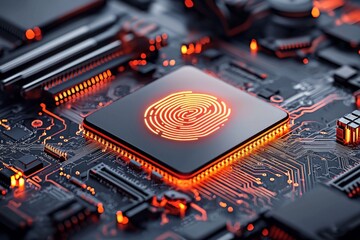 Advanced technology circuit board with fingerprint sensor glowing in orange light at close range