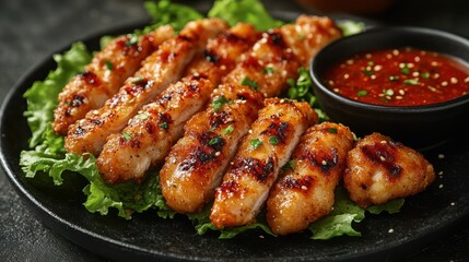 Fototapeta premium Grilled chicken strips served with dipping sauce.