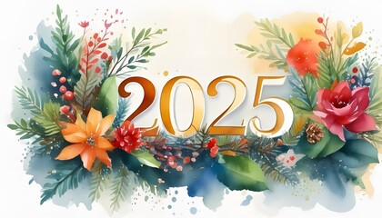 Happy New Year 2025 Celebration Greeting Card Design with Watercolor style