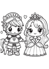 Coloring page design cute queen and the knight pose 