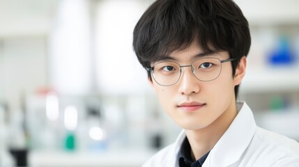 Fototapeta premium A young scientist in a lab coat is looking directly at the camera, showcasing a focused expression, with laboratory equipment in the background.