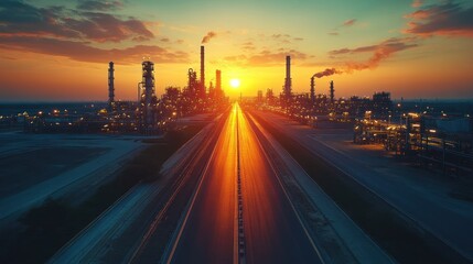 Industrial landscape at sunset with a highway.
