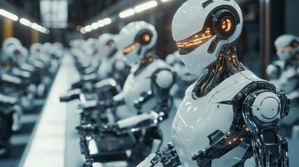 Fototapeta premium Futuristic AI Factory with Advanced Robots and Glowing Elements