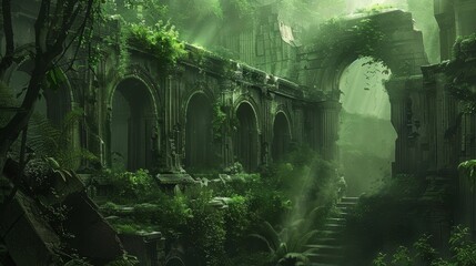A crumbling stone structure overgrown with lush greenery, sunlight filtering through the leaves, creating a mystical and atmospheric scene.