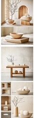 Modern Minimalist Home Decor with Wooden Bowls and Vases.